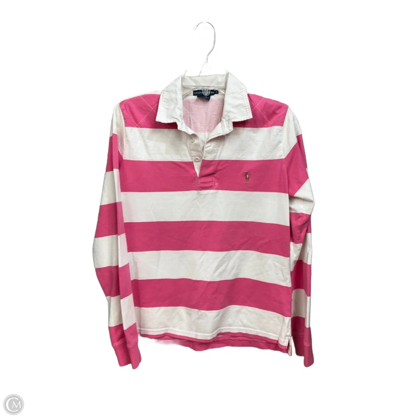 Top Long Sleeve Basic By Ralph Lauren In Pink & White, Size: L