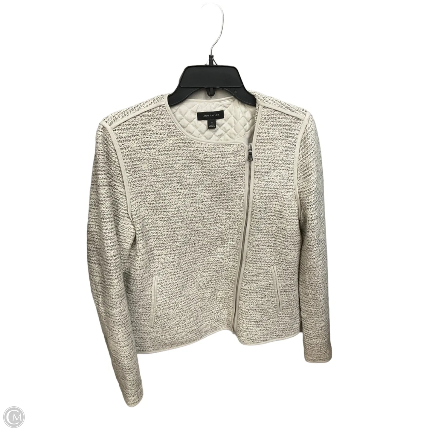 Jacket Moto By Ann Taylor In Cream & Grey, Size: M