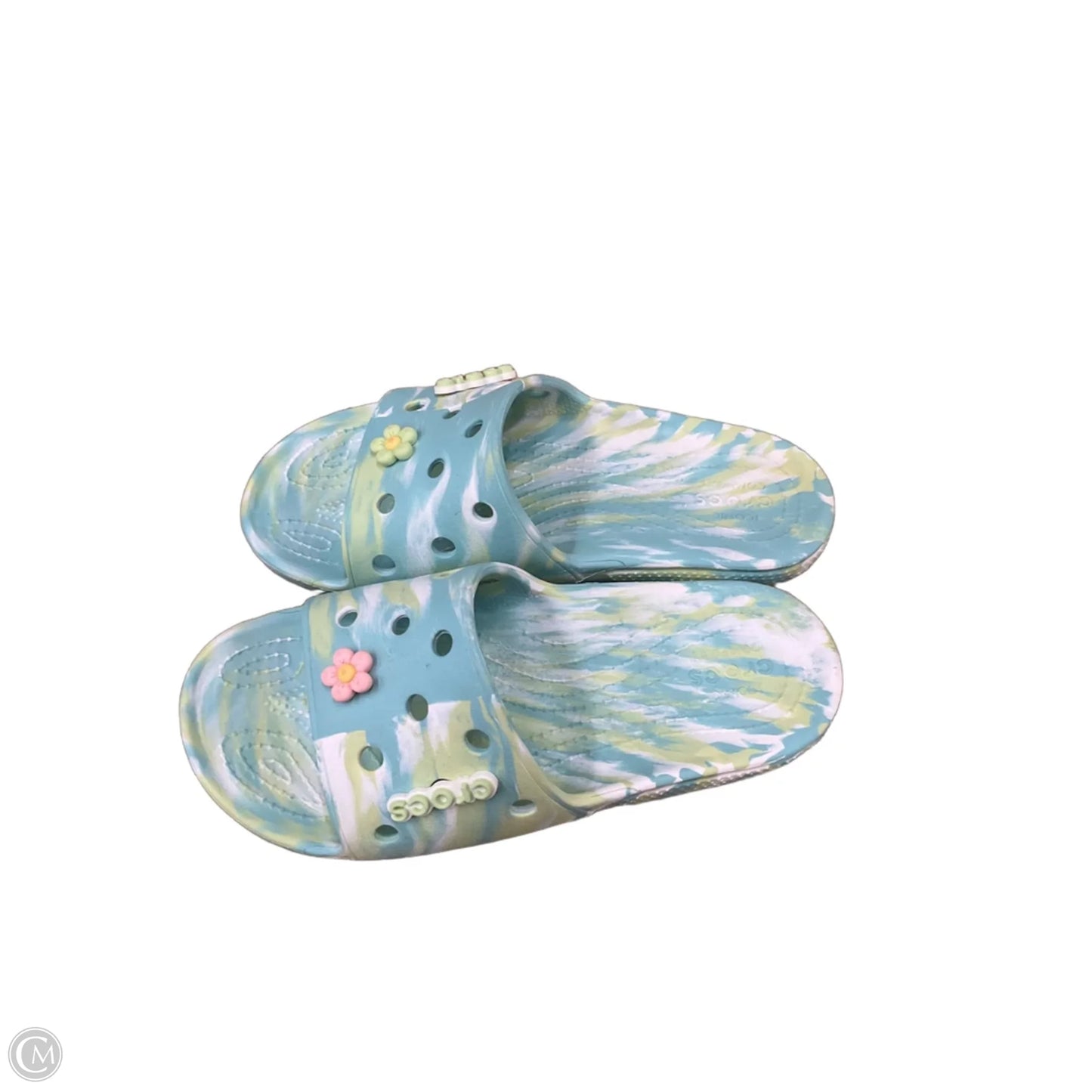 Sandals Flats By Crocs In Green & White, Size: 10