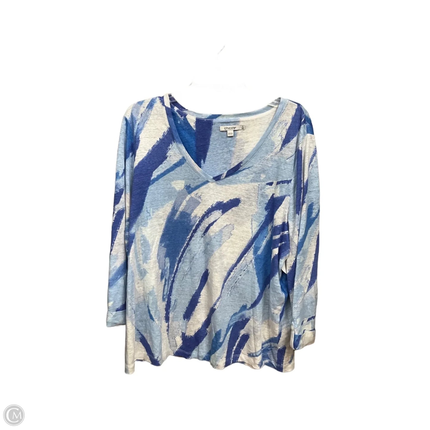 Blouse 3/4 Sleeve By Chicos In Blue & White, Size: Xxl
