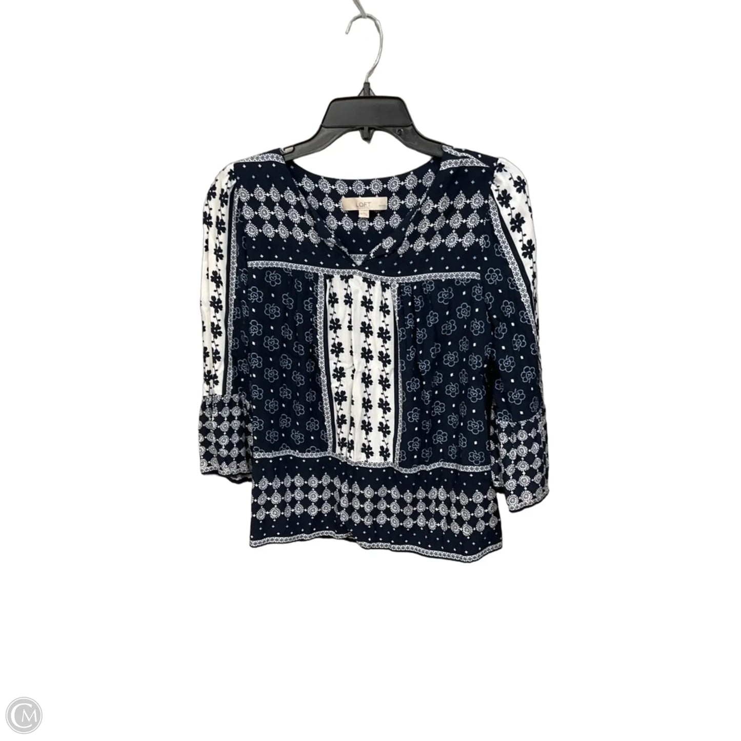 Top 3/4 Sleeve By Loft In Blue & White, Size: Mp