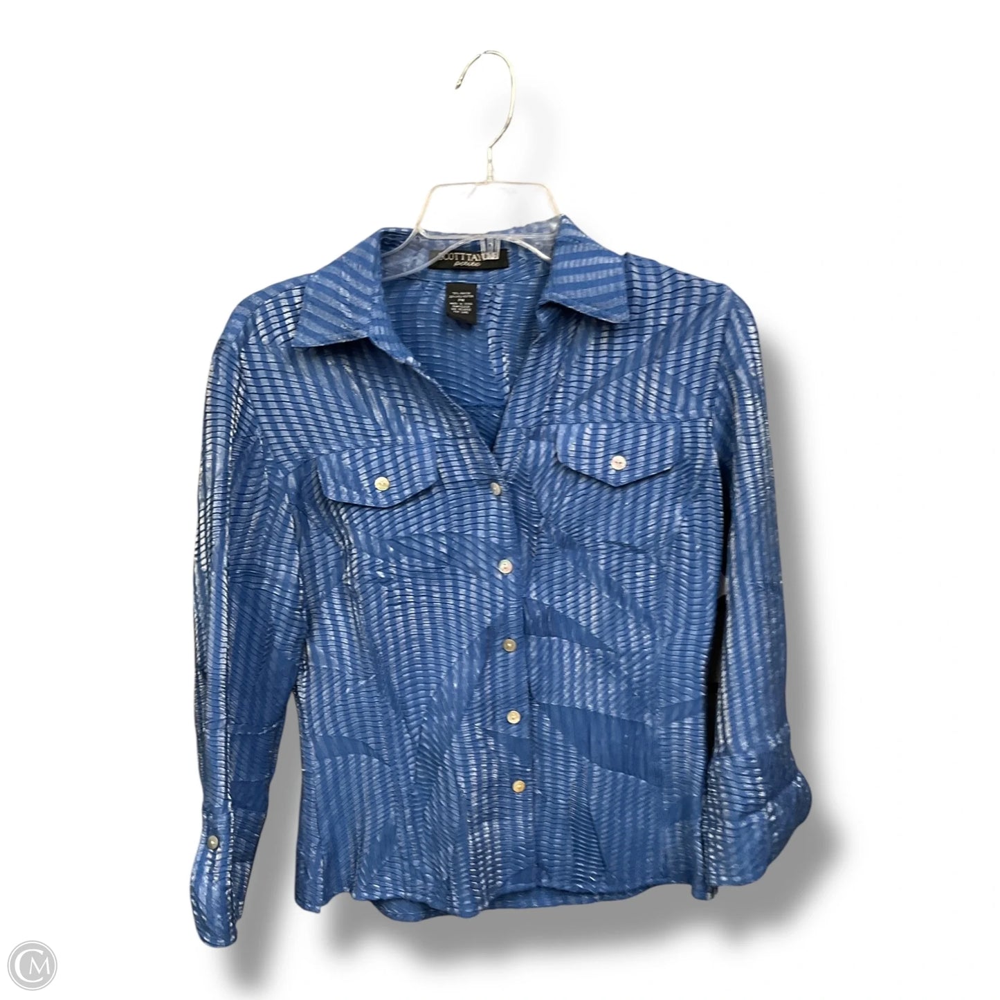 Blouse Long Sleeve By Scott Taylor In Blue & Silver, Size: Mp