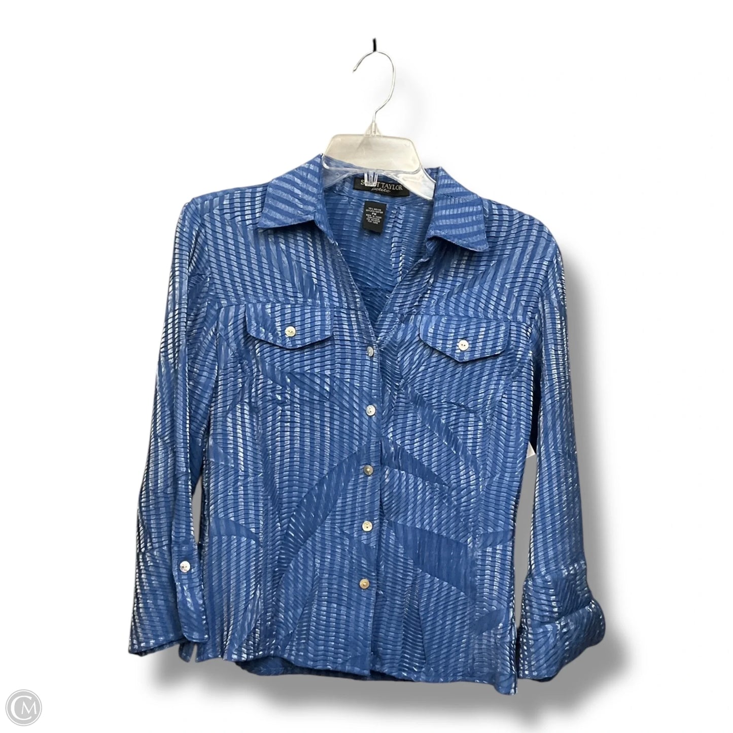 Blouse Long Sleeve By Scott Taylor In Blue & Silver, Size: Mp