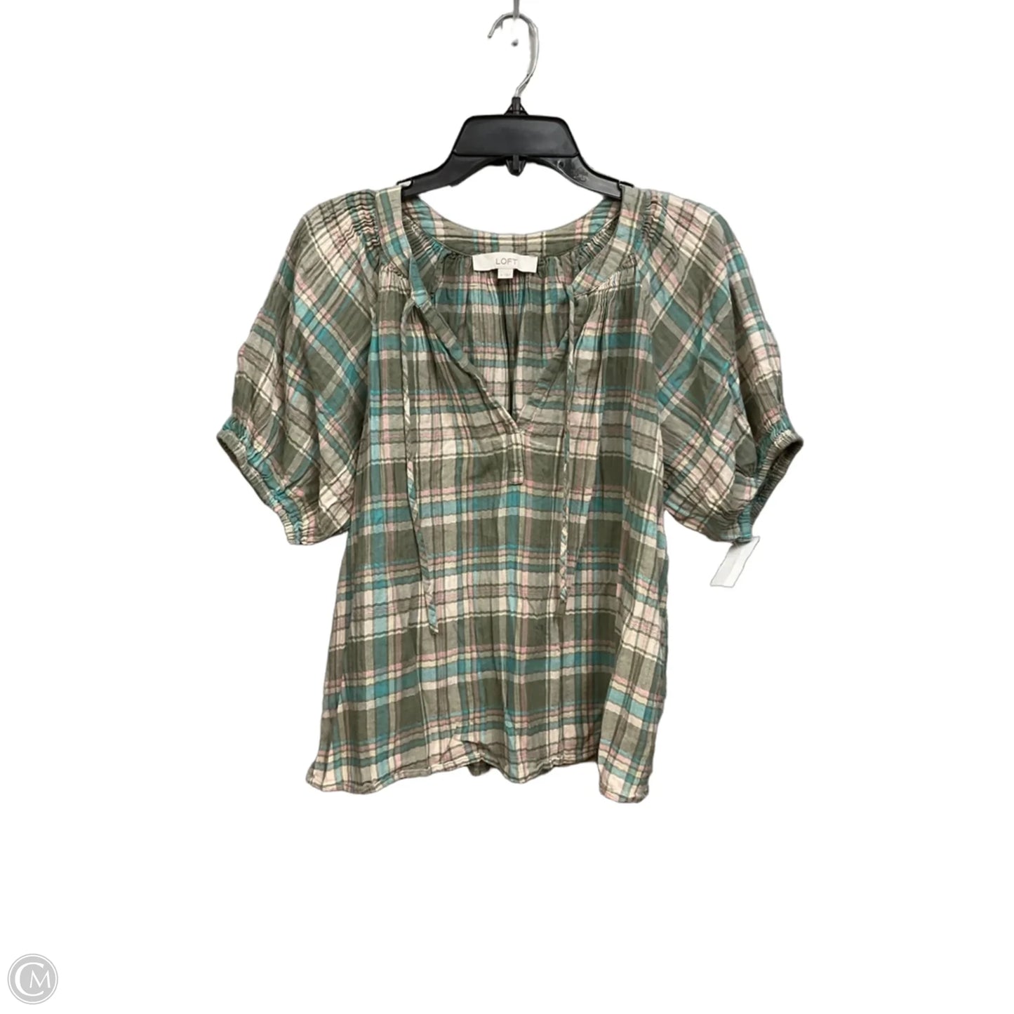 Top Short Sleeve By Loft In Plaid Pattern, Size: S