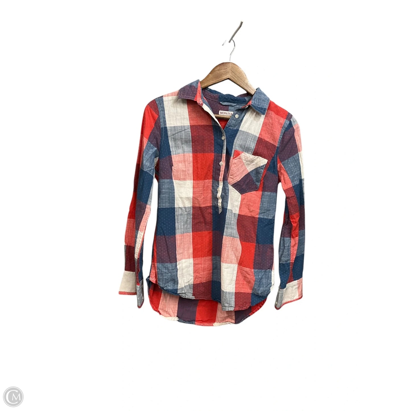 Blouse Long Sleeve By Merona In Blue Red & White, Size: S
