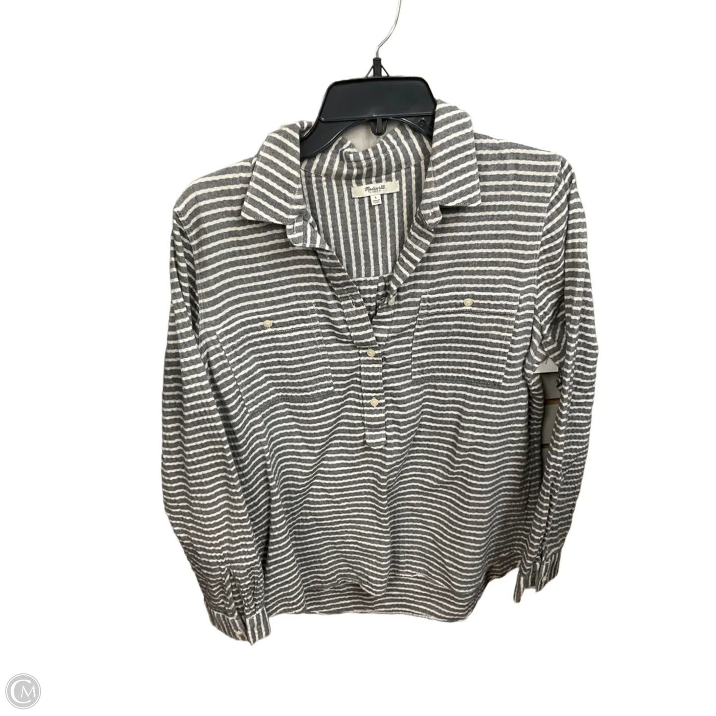 Top Long Sleeve By Madewell In Grey & White, Size: L