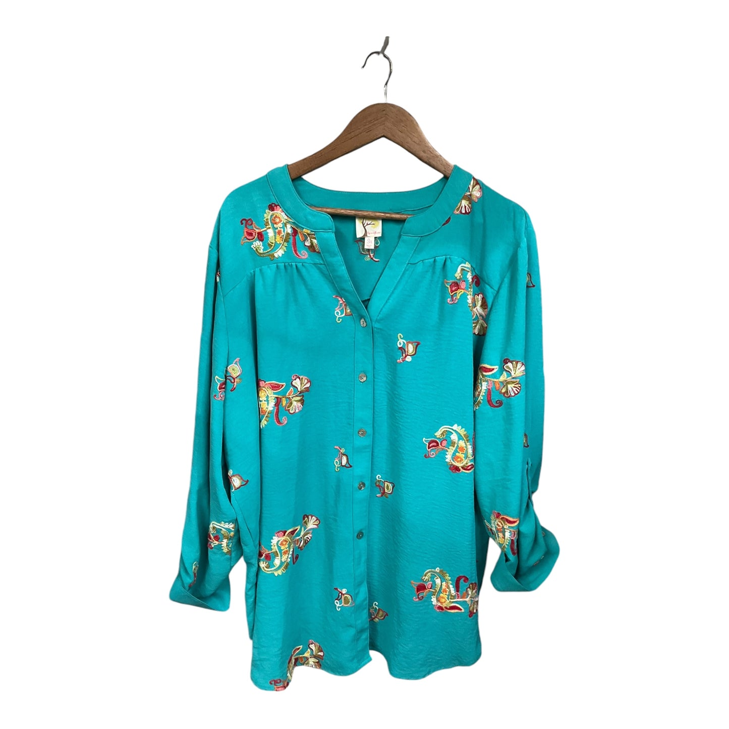 Blouse Long Sleeve By Figuero & Flower In Teal, Size: 3x